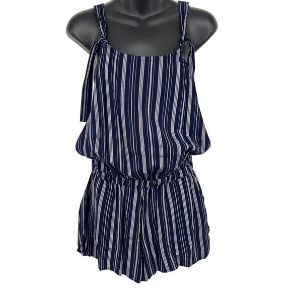 Roxy Sandy Break Stripe Romper Adjustable Strap Blue Shorts Sleeveless NWT New - Picture 1 of 9